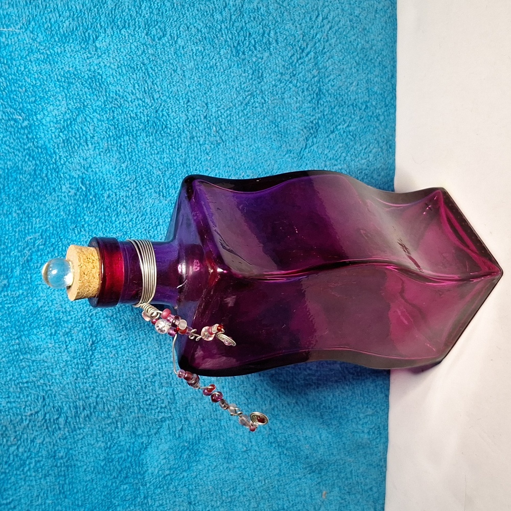 Pink Glass Decorative Bottle, Fushia, Bright Pink, Cute Decor With Beads - Picture 5 of 11